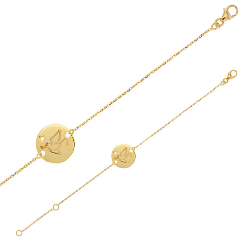18ct gold bracelet featuring dove on round medallion with 0.01ct diamond, 12cm +2