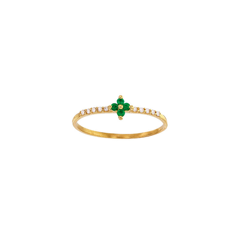 Small flower ring, 4 1.5mm emeralds and 10 0.08ct GVS diamonds, 750 gold